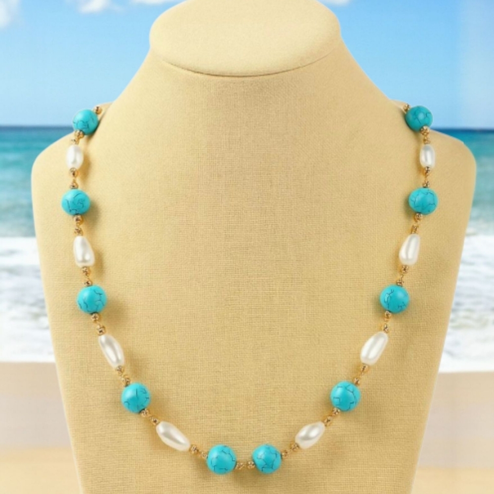 🔥 White Shell Pearl, Blue Howlite Beaded Necklace (18-20In) in Goldtone